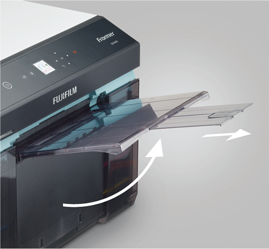 DX400W integrated output tray and scrap paper box minimize footprint